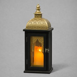 Luxury Black and <b>Gold</b> Metal <b>Lantern</b> with Intricate Cutwork Glass Warm Candle Glow Premium Festive Home Decor - Product Image 1
