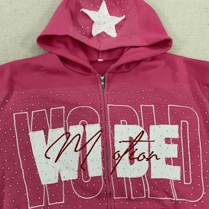 OEM mujeres Zip Up Hoodie Y2k letra impresión gráfica personalizada Rhinestone de gran tamaño sudaderas con capucha gótica chaqueta Vintage Streetwear diseño - Product Image 3