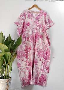 Pur coton caftan Bold Floral Bloom Print Indian Block Summer Kimono Confortable Floor-Length Maternity Beach Dress Lavable - Product Image 5