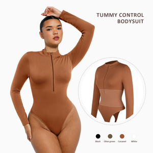 Pour TikTok, Vente en gros, Combinaison gainante pour <span class=keywords><strong>femme</strong></span> en Spandex, à manches longues, sans couture, avec fermeture éclair, soutien de la poitrine et contrôle du ventre - Product Image 2