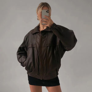 Chaqueta Bomber de piel de cordero marrón Vintage para mujer Chaqueta de cuero de talla grande estilo holgado de grano completo para mujer - Product Image 2