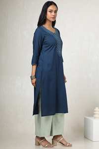 ชุดเดรสผ้าฝ้ายปักลายสีน้ำเงินเข้มของผู้หญิงชุดเดรสฤดูร้อนเอวธรรมชาติสวมใส่สบายทุกฤดู - Product Image 4