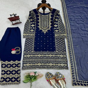 Traje étnico Georgette de imitación completamente cosido, hilo y secuencia de trabajo en la parte superior y el pantalón con Dupatta a juego - Product Image 4