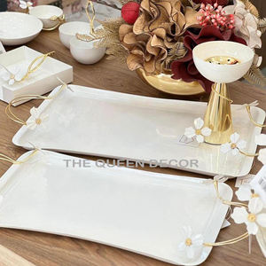 Plateau en métal design de luxe avec design feuille Décoration de table pour la maison et le restaurant Plateau de service fini en émail - Product Image 3