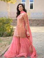 Ensemble Kurti Salwar Dupatta pour femme, rose pêche, brodé, en Georgette Fox épaisse, longueur ras du sol, tenue de soirée, costume ethnique festif