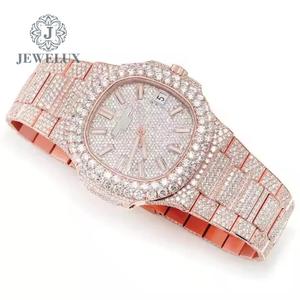 Belle montre de luxe cloutée en diamant moissanite à cadran rose Bracelet en acier inoxydable à quartz analogique de 36mm avec fenêtre en verre - Product Image 1