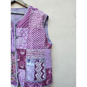 Handmade Printed Finished Vintage Purple <b>Sleeveless</b> Organic Cotton Quilted <b>Jacket</b> <b>Women</b> Bohemian Style Unique Durable Fit Stripe - Product Image 3