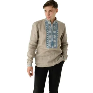 पुष्प कढ़ाई डिजाइनर गर्दन लंबी आस्तीन बटन शर्ट पुरुषों के लिए 100% सूती कपड़े
