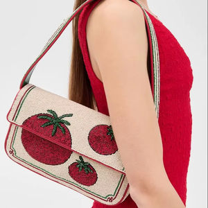 Sac à bandoulière tendance pour femme, motif tomate, orné de perles, petit sac de soirée en perles de rocaille crème avec broderie végétale - Product Image 1