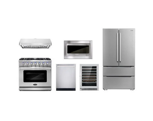 En stock : Ensemble cuisinière 36 pouces, hotte, lave-vaisselle, cave à vin, réfrigérateur et micro-ondes - Product Image 1