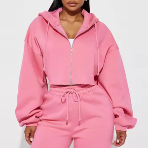 Conjuntos de Top corto de Fitness de borde crudo de manga larga de alta calidad, conjunto de 2 piezas de chándal Vintage lavado con bordado de apliques para mujer - Product Image 1