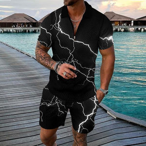 Conjunto de pantalones cortos cortavientos de nailon con cremallera y estampado personalizado de dos piezas para hombre - Product Image 2