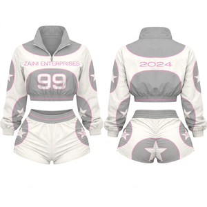 Ensemble court coupe-vent pour femme en taffetas de polyester premium 120 GSM, design à empiècements blanc, gris, rose, impression par sublimation personnalisée - Product Image 1