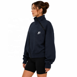Sudadera con cremallera asimétrica personalizada para mujer, cuello alto, manga larga, ajuste relajado, estilo casual, tejido acanalado, moda urbana - Product Image 2