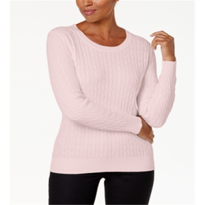 Maglione da donna in cotone rosa lavorato a trecce Karen Scott, taglia piccola, traspirante, per inverno e autunno, con colletto a fiocco e applicazioni, sottile, tipo shrug. - Product Image 1