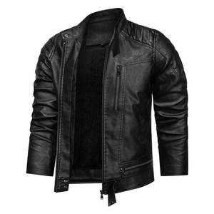 Chaqueta de invierno de estilo callejero para hombre, cuello levantado y tela de lona de cuero genuino negro cálido, abrigo de invierno teñido liso para caballero - Product Image 3