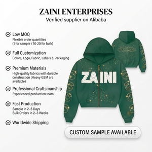 Sweat à capuche zippé pour femme en molleton de coton premium 400 GSM vert foncé, orné de strass, avec broderie personnalisée, patch et logo OEM ODM - Product Image 1