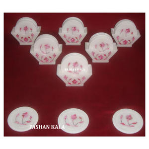 Juego de Posavasos de Mármol Blanco Puro con Incrustaciones de Nácar Rosa, Diseño Artesanal de Estilo Tradicional para Decoración del Hogar o Restaurante - Product Image 1