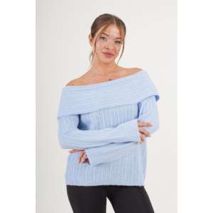 เสื้อสเวตเตอร์ถักสีฟ้าอ่อนแบบเปิดไหล่สไตล์ลำลองขายส่ง - Product Image 6