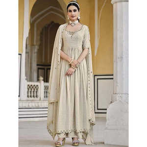 Costume Palazzo en Georgette Brodé Chiku Prêt-à-Porter, Excellent pour les Mariages - Product Image 3