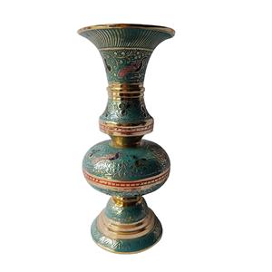 Vase à fleurs en laiton massif de haute qualité, œuvre d'art indienne moderne en émail avec motifs de paon, fait à la main, vase de table écologique - Product Image 6