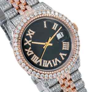 นาฬิกาข้อมือสายหนังประดับเพชรโมอิสซาไนต์สองสี คุณภาพพรีเมียม ตัวเลขโรมันสีดำ ฝังเพชรเต็มเรือน ระบบอัตโนมัติ ดีไซน์หรูหรา - Product Image 1