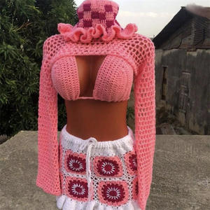 Custom Handmade Knitted 2-Piece Beach Party New Fashion Cross-Border <b>Bikini</b> Solid Waist Photo Tube Top Swimsuit Suit - Product Image 5