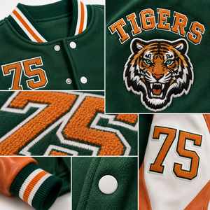 Chaqueta Varsity Corta para Mujer Estilo Y2K, Verde y Naranja con Parches de Tigres, Ropa Urbana de Béisbol, Bordado Personalizado, Venta al Por Mayor OEM, Talla XL - Product Image 4