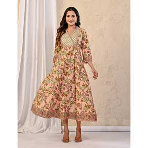 Vestido Largo Estampado de Algodón Color Durazno, Estilo Casual Elegante Hippie para Mujer, Transpirable, Cintura Natural, Talla 5XL, para Club - Product Image 4