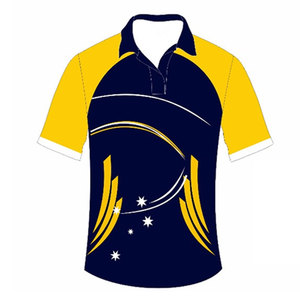 ชุดยูนิฟอร์มคริกเก็ตสีน้ำเงินกรมท่าและสีเหลืองแบบกำหนดเอง เสื้อโปโลและกางเกงพร้อมลายดาว ระบายอากาศได้ดี สำหรับทีม - Product Image 2