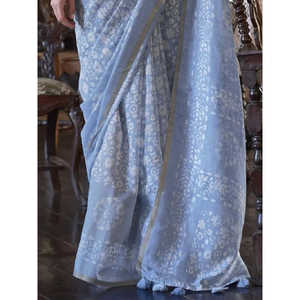 Sari en coton imprimé floral bleu aqua délicieux pour les festivals et les spectacles - Product Image 3