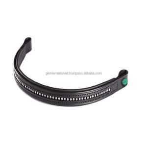 Banda de ceja de caballo acolchada de cuero inglés flexible de la mejor calidad con cadena de diamante de cristales redondos y rectangulares de marca decorativa - Product Image 1