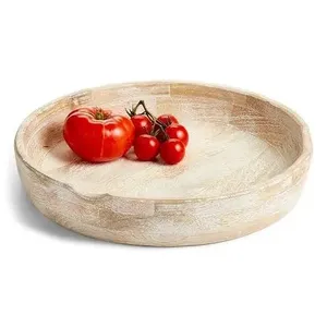 木制圆形水果碗优质木材，带白色洗沙拉碗，用于家庭酒店餐厅服务碗