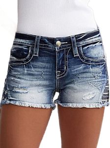 Short en jean pour femme Short extensible régulier en denim déchiré respirant taille moyenne à ourlet brut vieilli - Product Image 2
