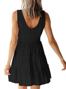 Negro Sloid liso sin mangas mujer elegante señoras suelta Maxi Mini 100% tela de rayón con cuello redondo Mujer Casual Mini vestido - Product Image 2