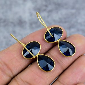 Pendientes de gota de Plata de Ley 925 de zafiro azul hechos a mano, piedra preciosa de pera ovalada, colgante chapado en oro, regalo de mujer para fiesta de boda a la moda - Product Image 4