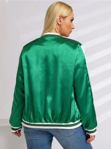 <b>Women</b> Fashion Satin Bomber Jacket Zip up Casual Oversized Jacket <b>Coat</b> with Pocket Side Striped Satin Jackets Loose Fit Over Size - Product Image 2
