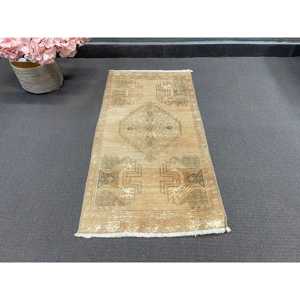 Turkish Rug, Small 1.6x3.2 ft Vintage Rug, <b>Brown</b> Blue Bordered <b>Wool</b> Rug - Product Image 3