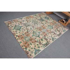 Alfombra de lana verde naranja Vintage 8,4X5 pies Área grande turca clásica con patrón de rectángulo abstracto Habitación de pasillo con respaldo de látex - Product Image 4