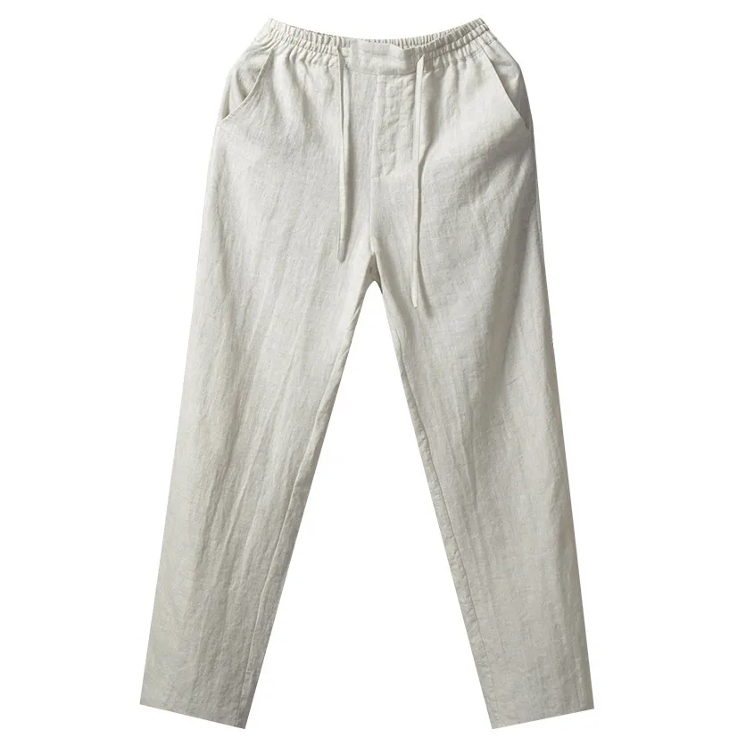 Grosir OEM celana panjang Linen 100% musim panas pria dan celana panjang katun Linen longgar dengan tali nyaman di pinggang logo disesuaikan