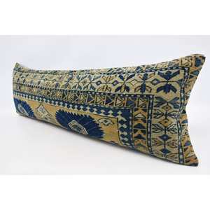 Oreiller bohème à motifs vintage 16x48 pouces bleu laine Kantha tissé technique - Product Image 4