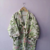 Design de mode fait à la main vert imprimé fleuri coton Kimono matelassé peignoir manteau femmes à manches longues vêtements de nuit robe de chambre