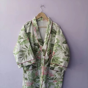 Design de mode fait à la main vert imprimé fleuri coton Kimono matelassé peignoir manteau femmes à manches longues vêtements de nuit robe de chambre - Product Image 1