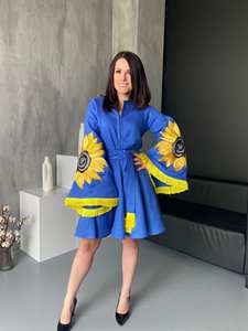 Mini Kimono de algodón bordado con girasol azul, vestido bohemio hecho a mano, cintura Natural ecológica para mujer, estilo ucraniano Floral - Product Image 5