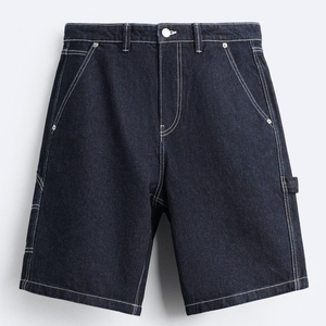 Pantalones cortos de mezclilla estilo cargo para hombre, en negro oscuro, azul, con costuras en contraste blancas, estilo baggy, hasta la rodilla, con presillas para herramientas, tipo carpintero. - Product Image 6