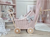 Poussette pour poupée en rotin rose - Fabriquée à la main au Vietnam - Landau pour poupée en osier / Trotteur pour bébé rose avec nœuds floraux et literie