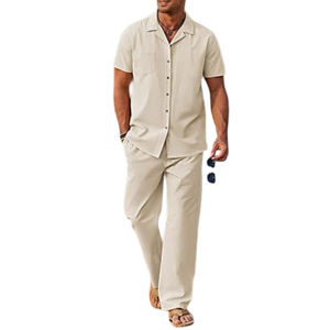 ชุดเซ็ตเสื้อเชิ้ตกระดุมและกางเกงขายาวทรงหลวม สีกากี สำหรับผู้ชาย สไตล์ลำลอง ระบายอากาศได้ดี เหมาะสำหรับฤดูร้อน ออกแบบตามสั่งได้ ขายส่ง - Product Image 4