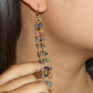 Black Opal 3-Line <b>Dangle</b> <b>Earrings</b> for Women in 925 Sterling <b>Silver</b> Yellow Gold Filled Birthstone Jewelry Wedding Party Gift - Product Image 3