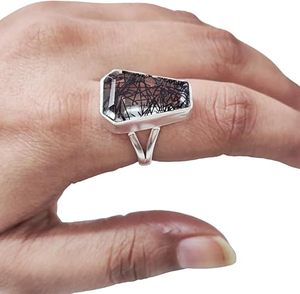 แหวนผู้หญิงพลอยรูไทล์สีดำธรรมชาติทรงโลงศพ เครื่องประดับสำหรับคริสต์มาส วันเกิด เครื่องประดับทำมือ เงินแท้ 925 - Product Image 1