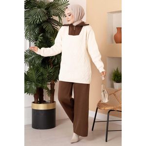 Ecru-สีน้ำตาลเสื้อถัก2ชิ้นซิปละเอียดคอเสื้อทรงหลวมกางเกงกีฬากางเกงขายาวสำหรับฤดูใบไม้ร่วงฤดูหนาว - Product Image 1